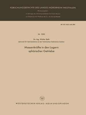 cover image of Massenkräfte in den Lagern sphärischer Getriebe